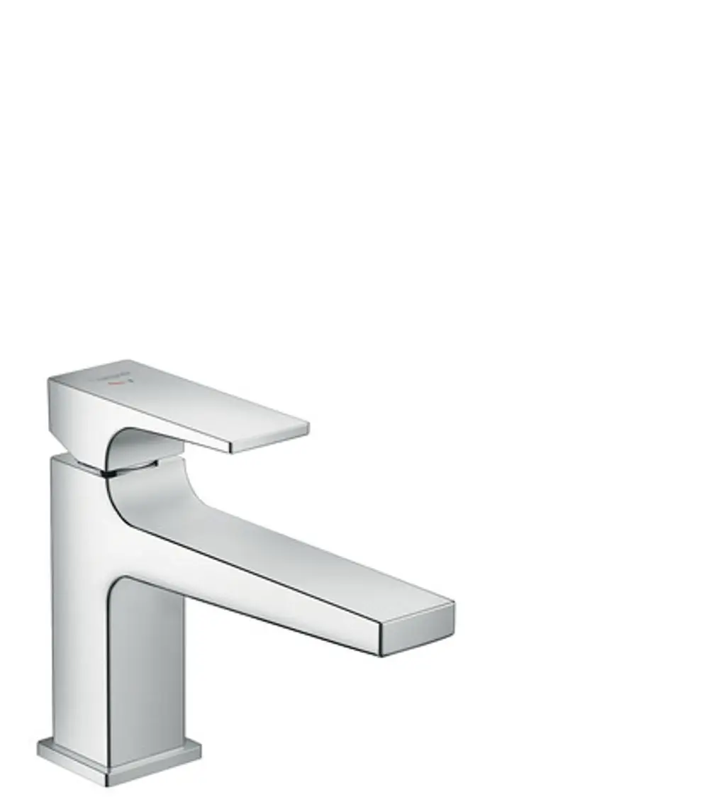 Einhebel-Waschtischmischer von Hansgrohe mit quadratischem Design und einem Hebelgriff. Oberfläche in Chrom. Integrierte Push-Open-Ablaufgarnitur.